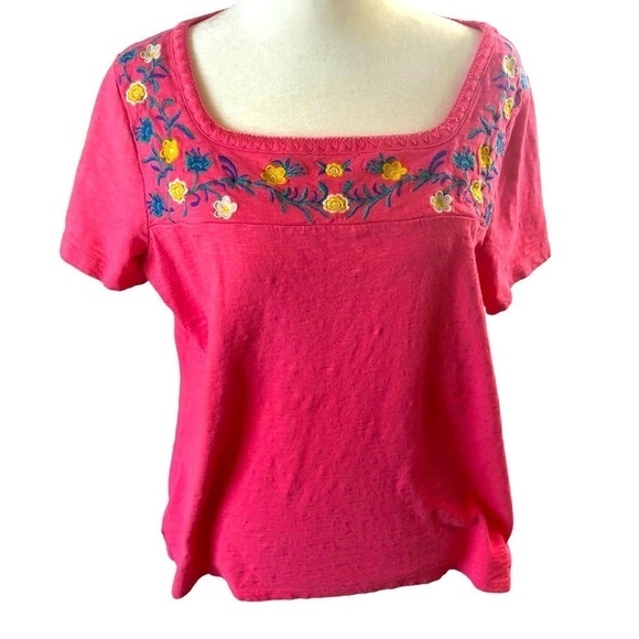 Talbot Cotton Popover Top Women LP Pink with Multicolor Floral Embroidery - Picture 1 of 9